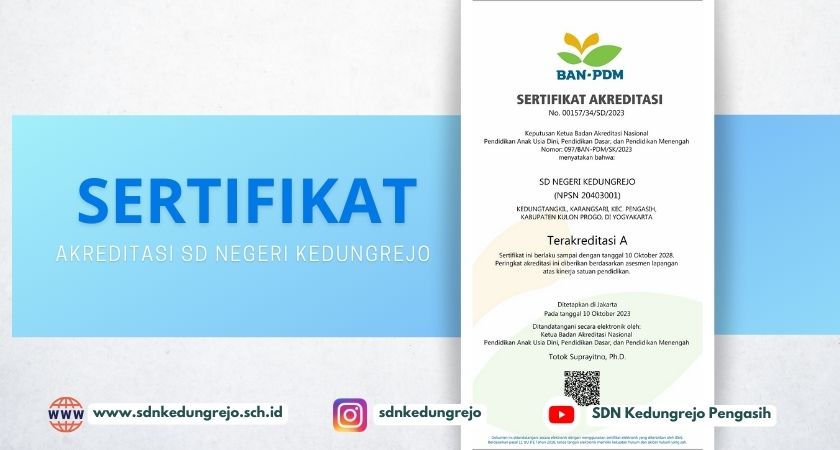 Sertifikat Akreditasi untuk SD Negeri Kedungrejo dengan Status Terakreditasi A, telah Terbit