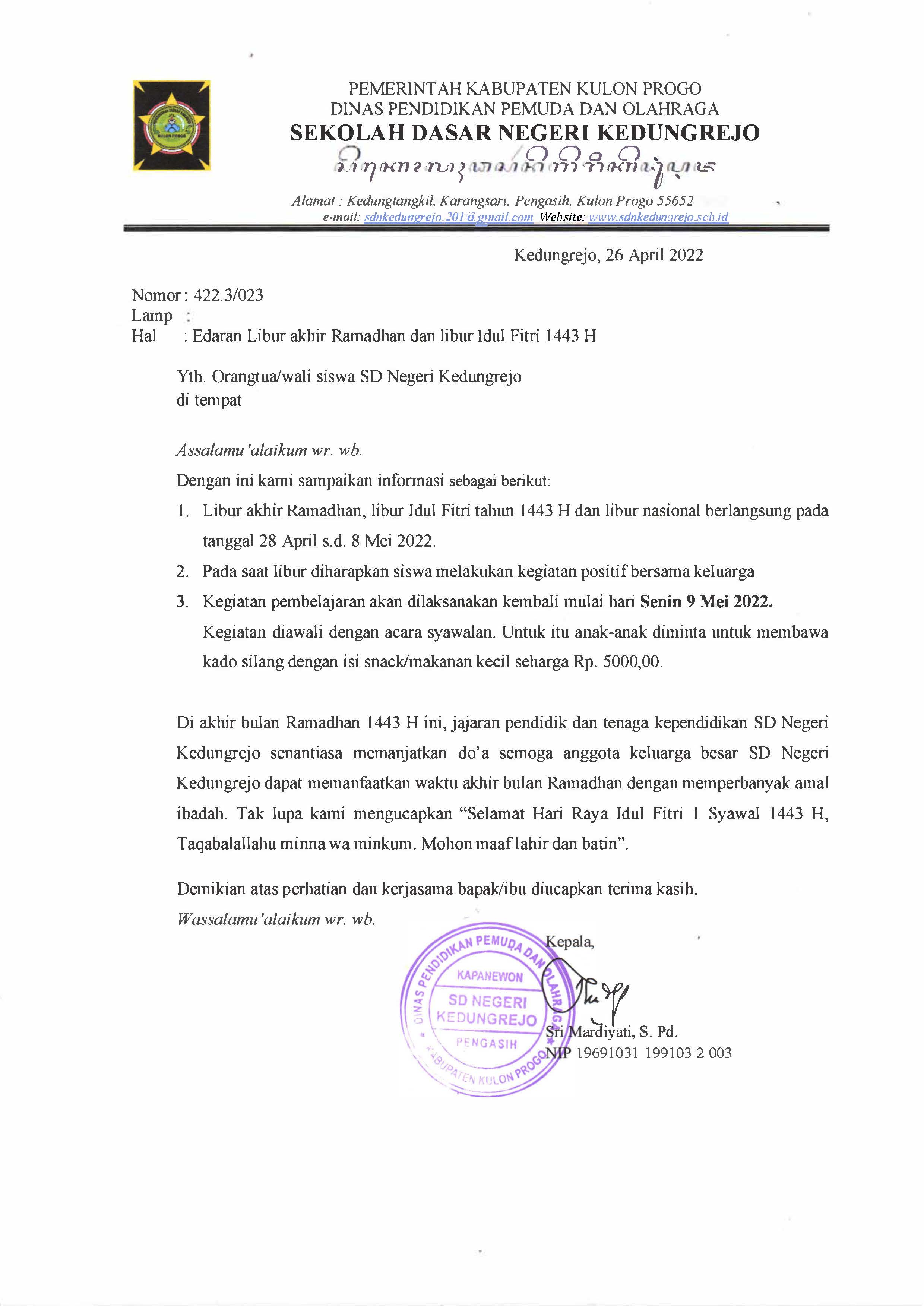 Edaran Libur Akhir Ramadhan dan Libur Idul Fitri 1443 H